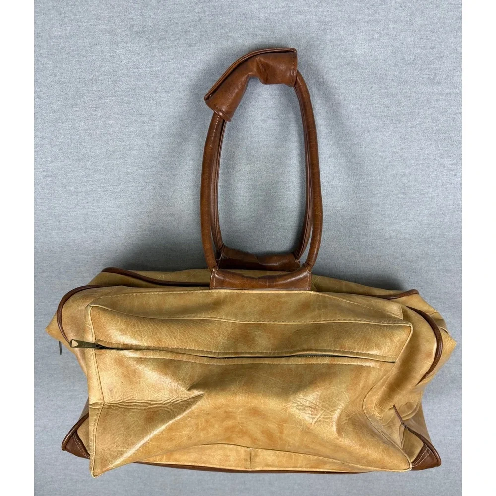Vintage 60s Duffel Bag Tan Faux Leather Weekender Travel Luggage Brown Trim